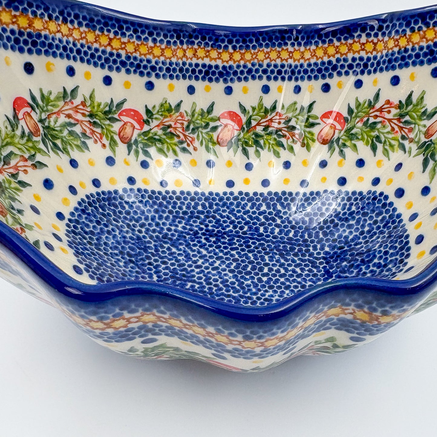 10" Lodka Bowl with Handles.  Hand crafted Polish pottery stoneware:  UNIKAT Mushroom Pattern