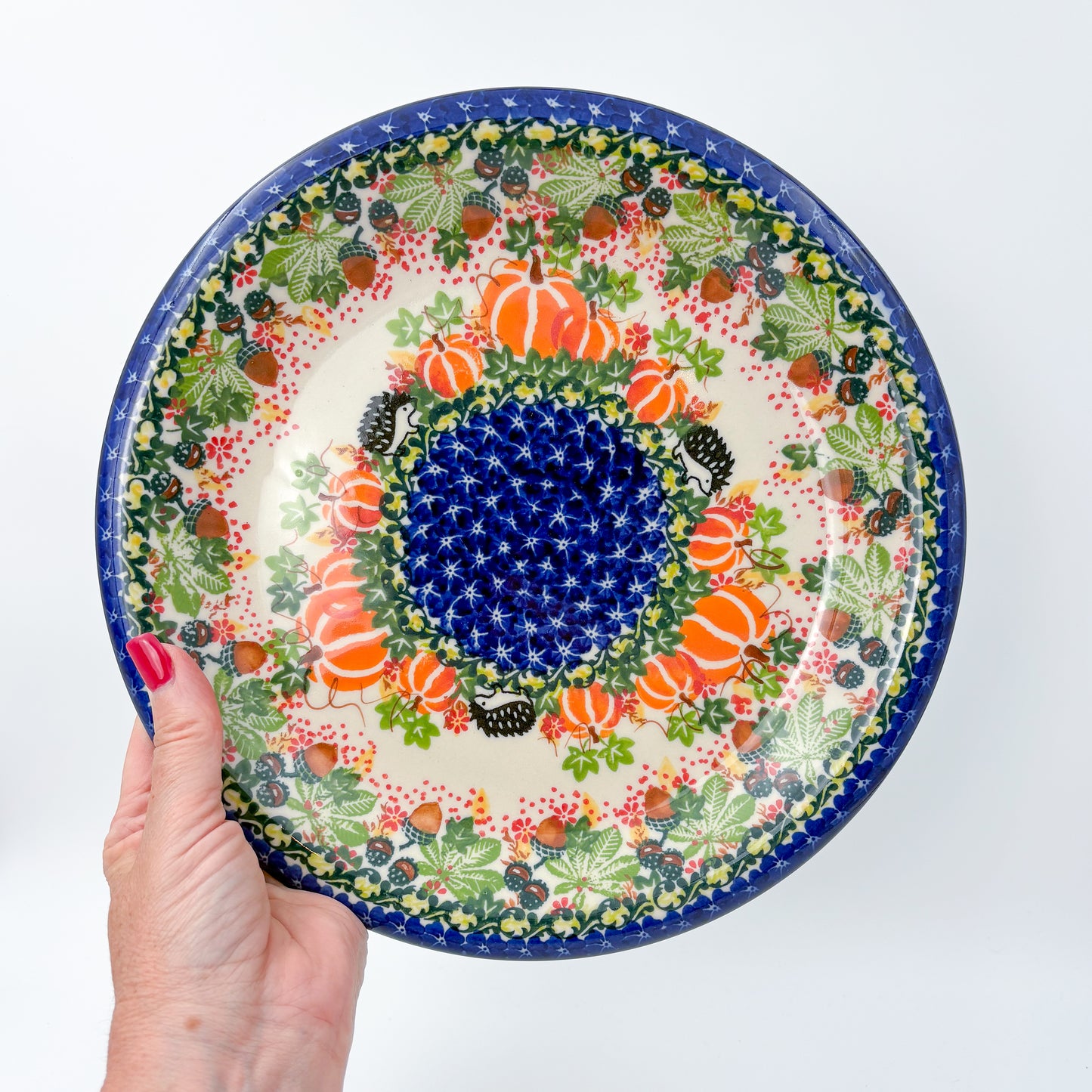10.2” Plate.  Hand crafted Polish pottery stoneware: UNIKAT Hedgehog and Pumpkins