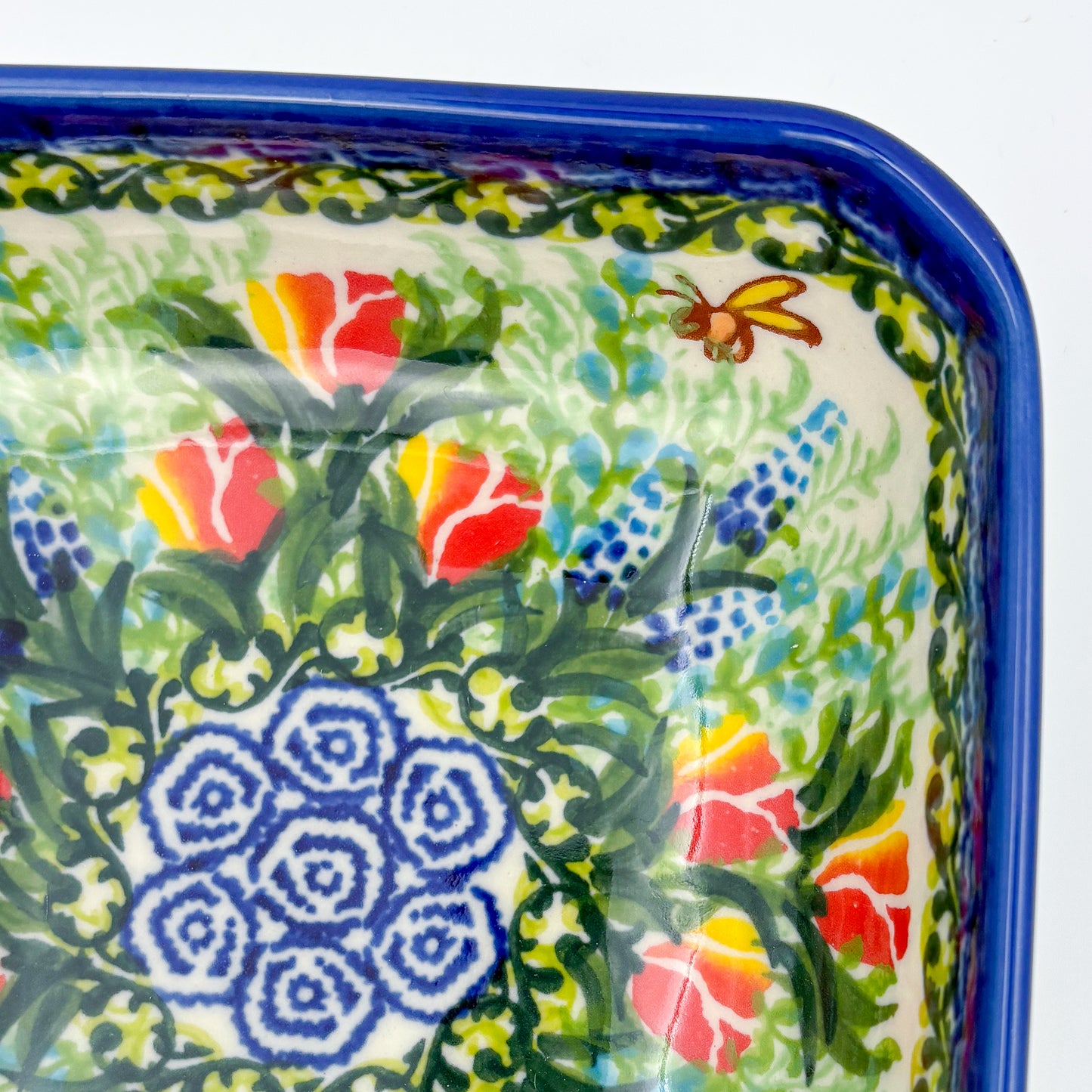 6” Square Bowl.  Hand crafted Polish pottery stoneware:   Unikat Tulips and Bees