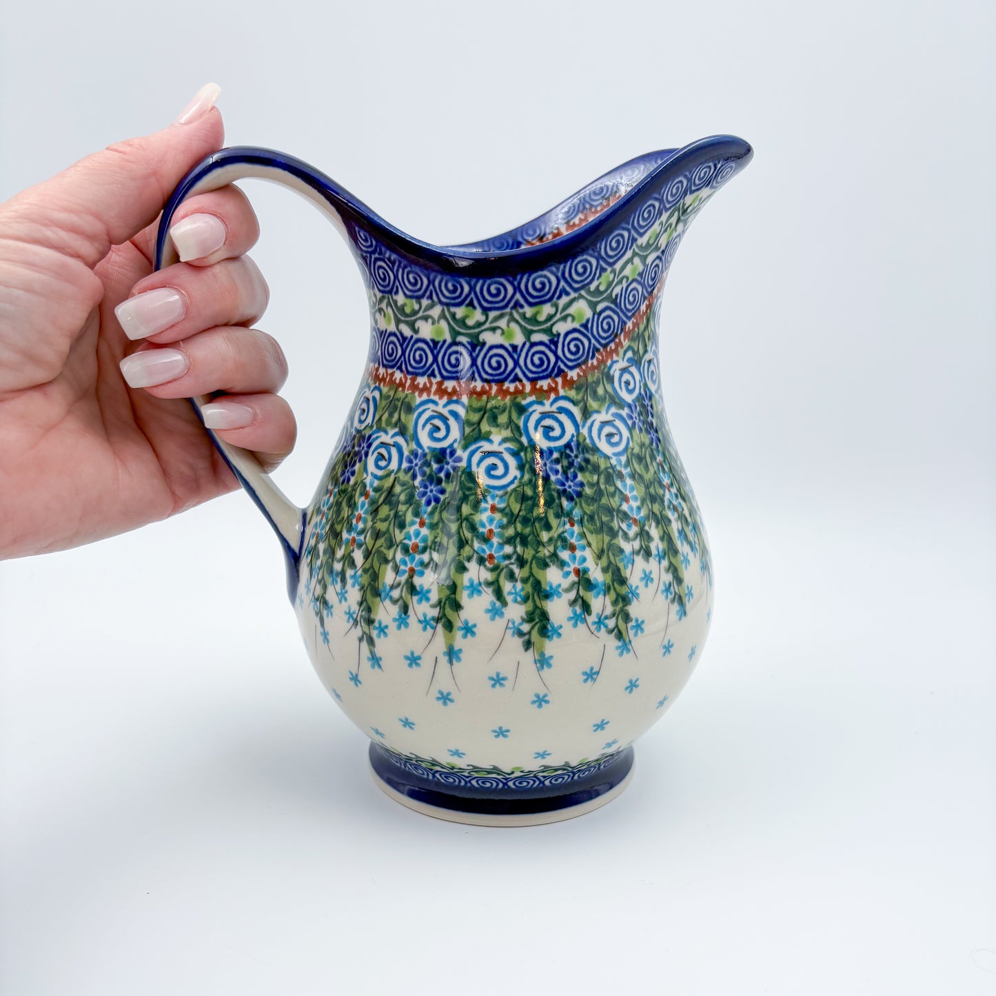 37 oz. Pitcher.  Hand painted Polish pottery stoneware UNIKAT Whispering Ferns