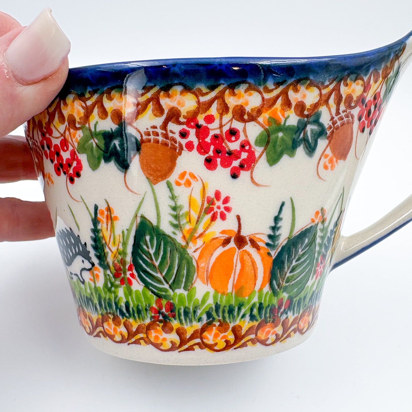 12 oz Loop Handle Gravy Boat.  Hand painted Polish pottery stoneware.  UNIKAT Hedgehog and Mushroom