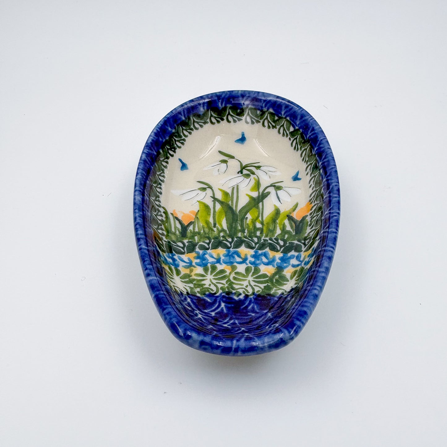 Spoon Rest 5”.  Handmade Polish pottery.  UNIKAT Snowdrop Garden Pattern