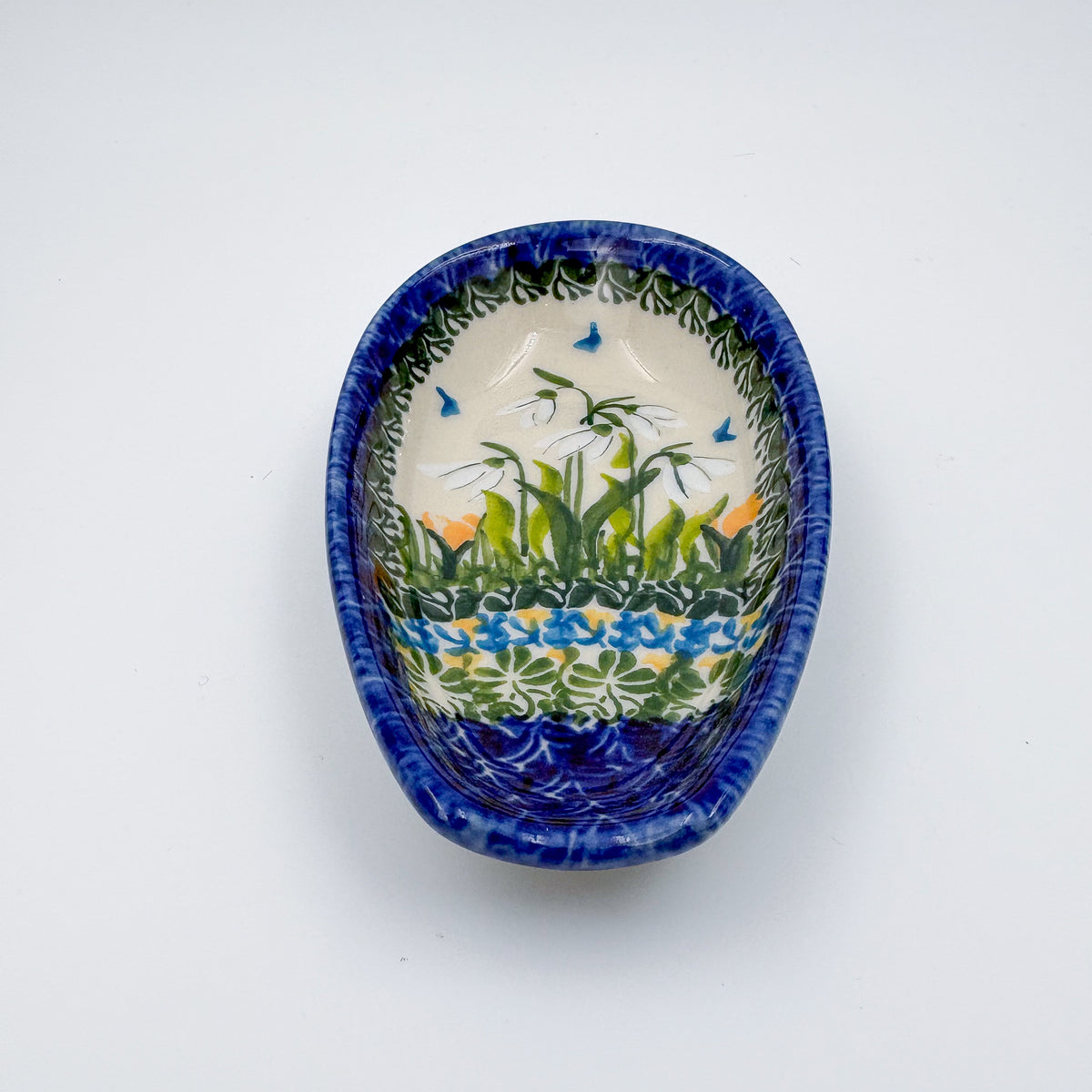 Spoon Rest 5”.  Handmade Polish pottery.  UNIKAT Snowdrop Garden Pattern