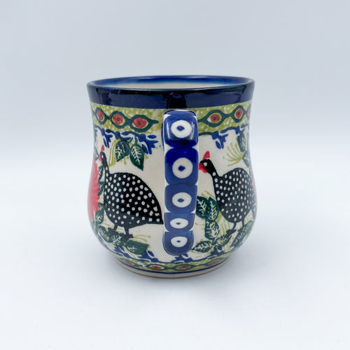 Fowls in Florals bubble mug on white background, straight-on view with handle