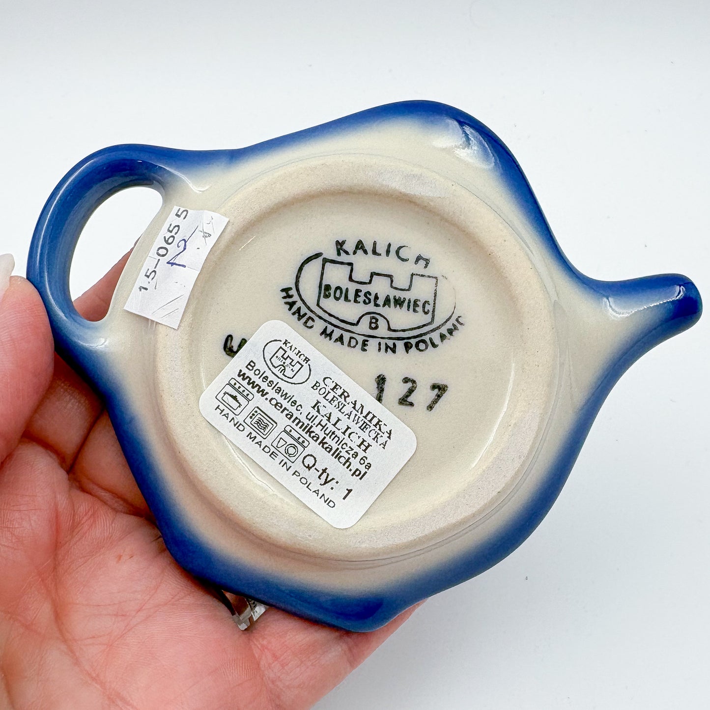 Teabag Holder.  Handmade Teapot Polish pottery.  UNIKAT Forget Me Not Pansy