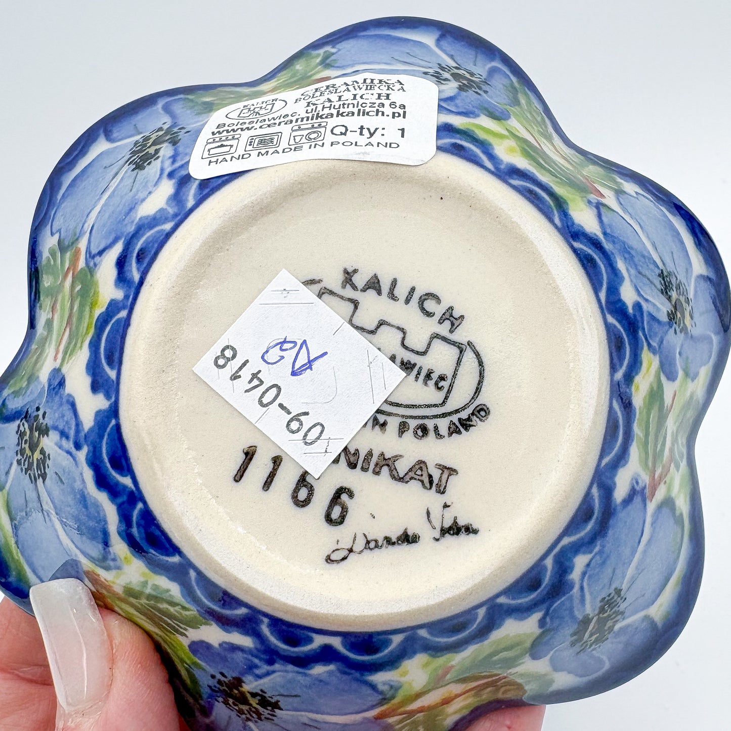 5” Bowl Flower.  Hand crafted Polish pottery stoneware:  UNIKAT Blue Poppy Songbird pattern