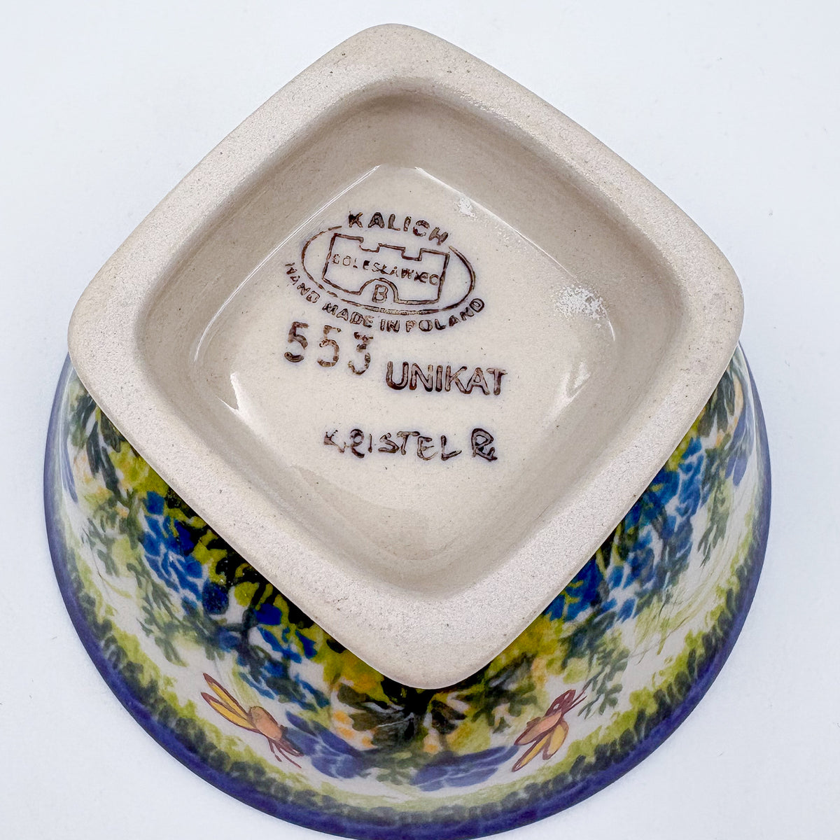 Bluebell Meadow small pedestal bowl, bottom stamp with Kalich Boleslawiec Unikat mark signed Kristel