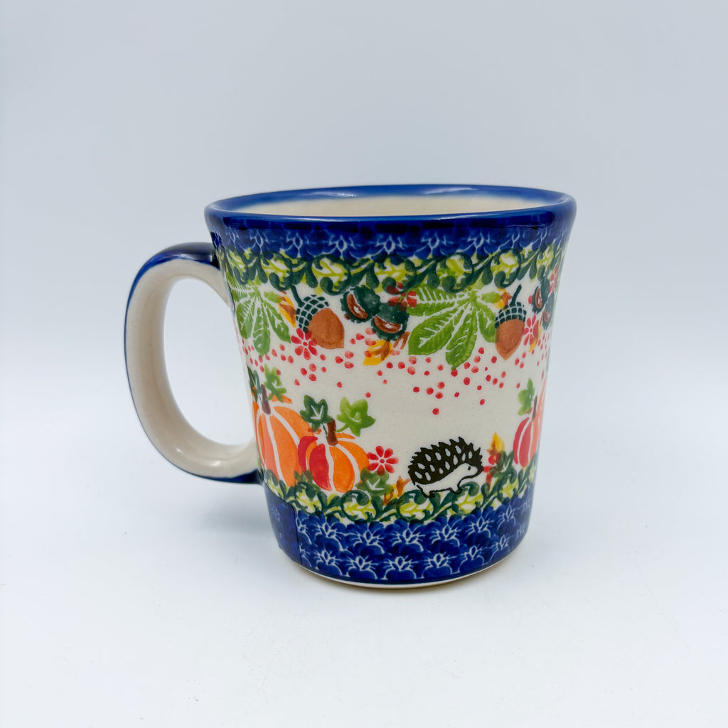 14 oz Jan Mug. Handcrafted Polish pottery stoneware:  UNIKAT Hedgehog and Pumpkins Design