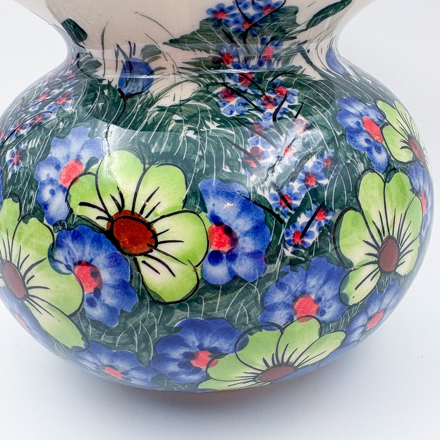 Kula Vase 5.5”.  Handmade Polish pottery.  UNIKAT Forget Me Not Pansy