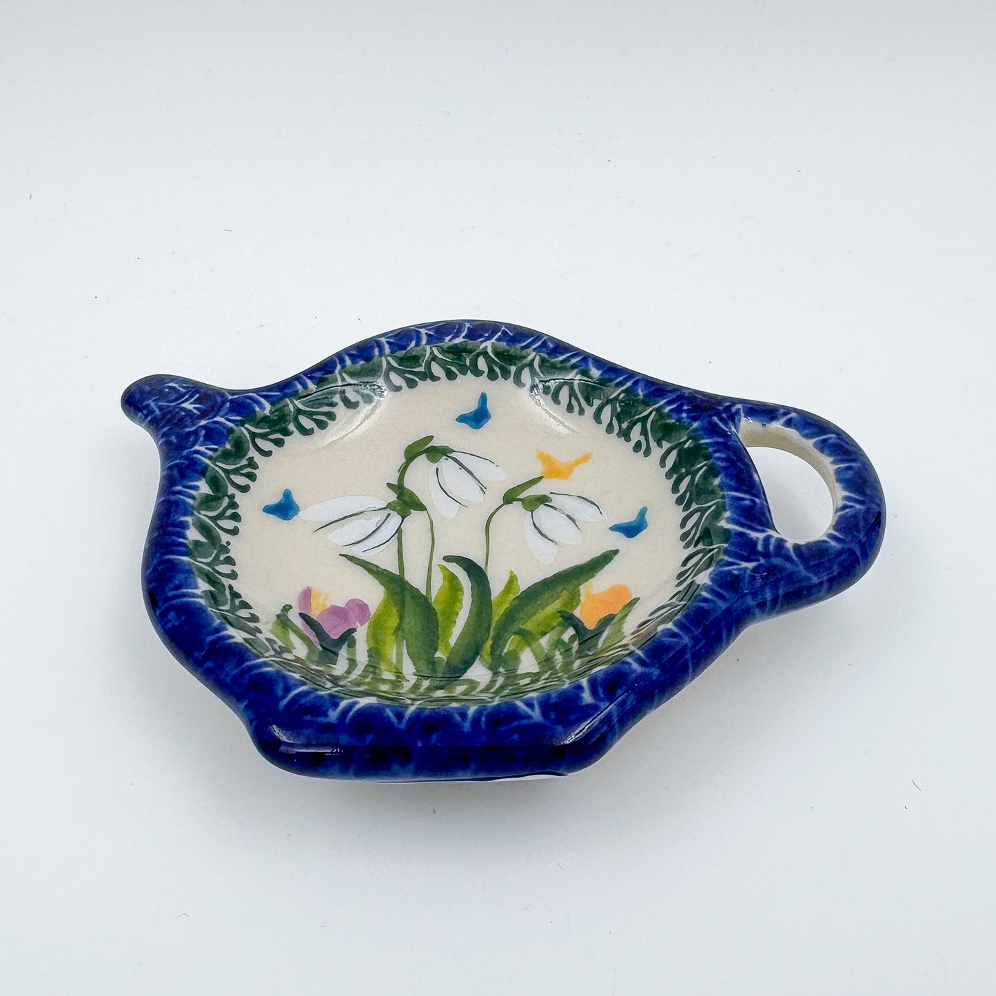 Teabag Rest Holder.  Handmade Teapot Polish pottery.  UNIKAT Snowdrop Garden