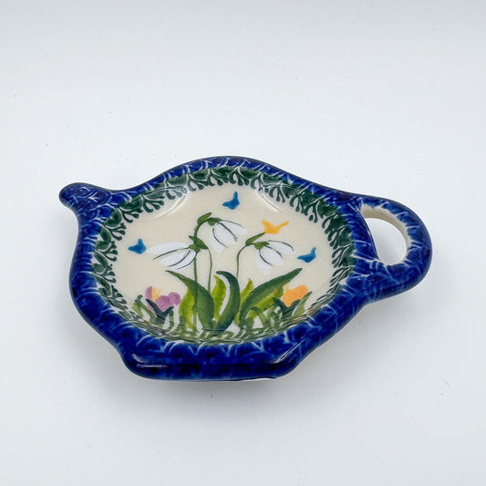 Teabag Rest Holder.  Handmade Teapot Polish pottery.  UNIKAT Snowdrop Garden