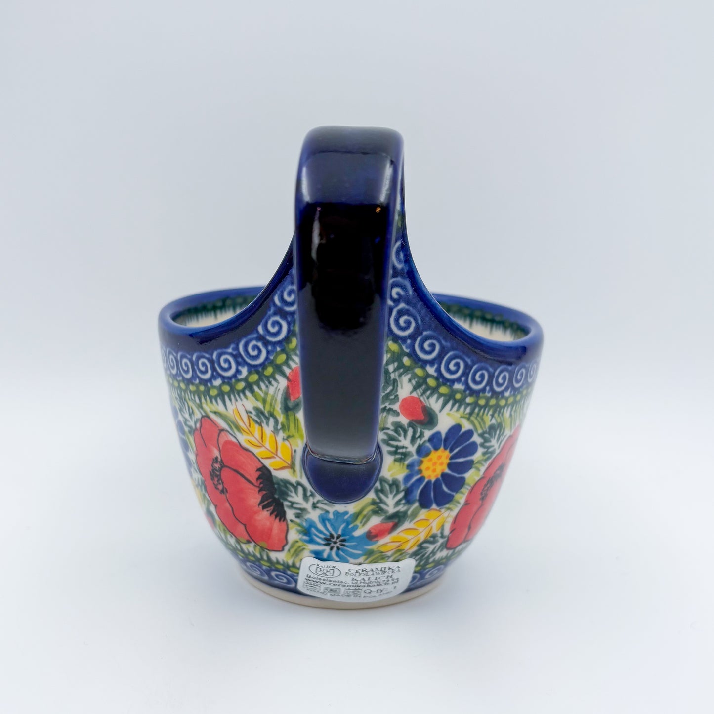 12 oz Bowl/Mug with Loop-Handle.  Hand crafted Polish pottery stoneware: UNIKAT Garden Poppy