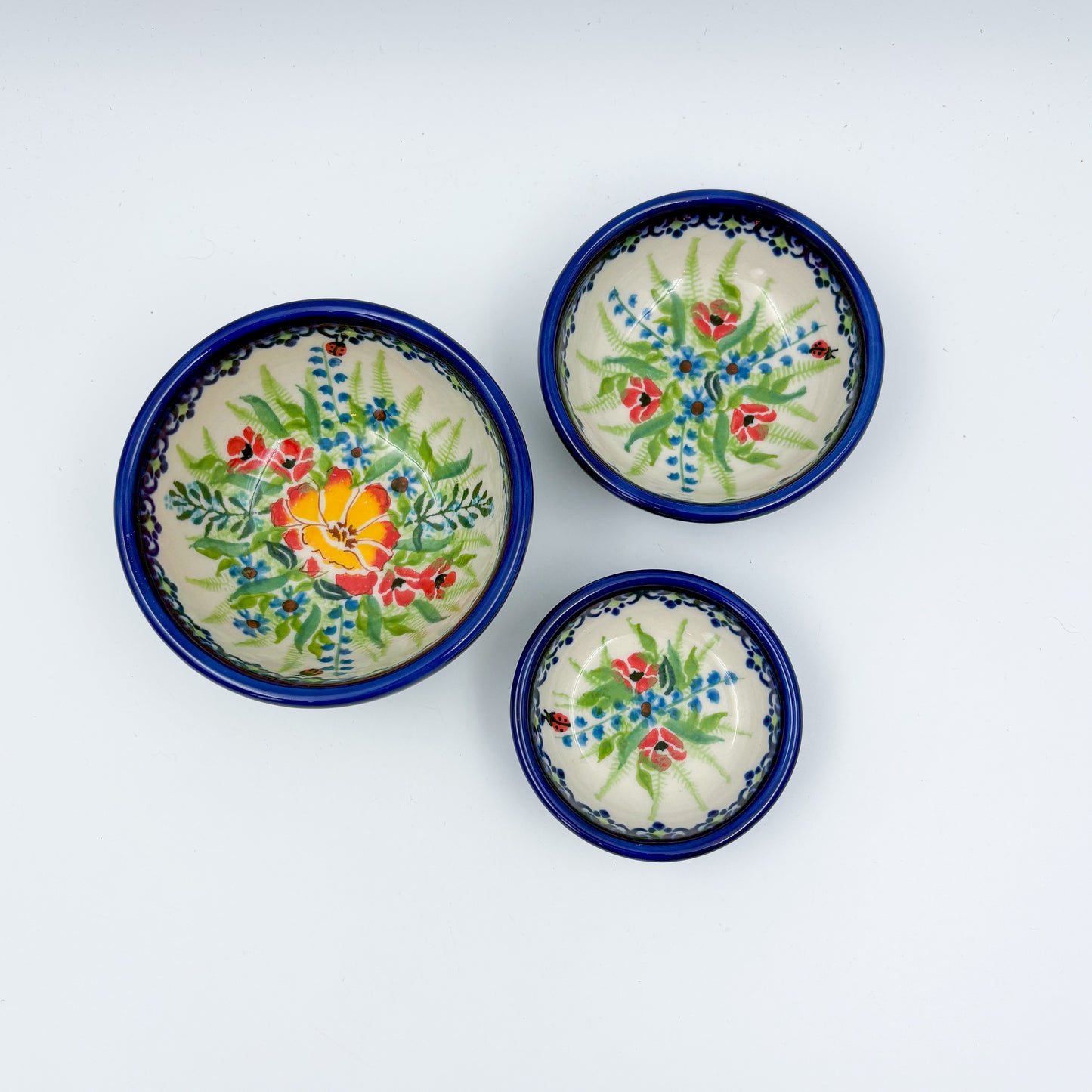 Small Set 3 stacking Bowls.  Hand crafted Polish pottery stoneware:  UNIKAT Ladybug Fields
