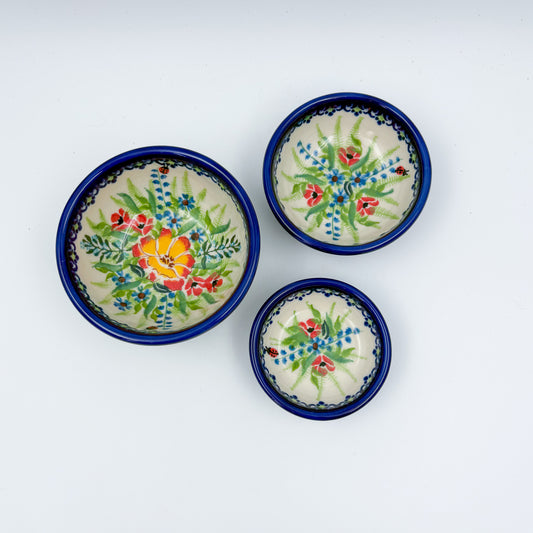 Small Set 3 stacking Bowls.  Hand crafted Polish pottery stoneware:  UNIKAT Ladybug Fields