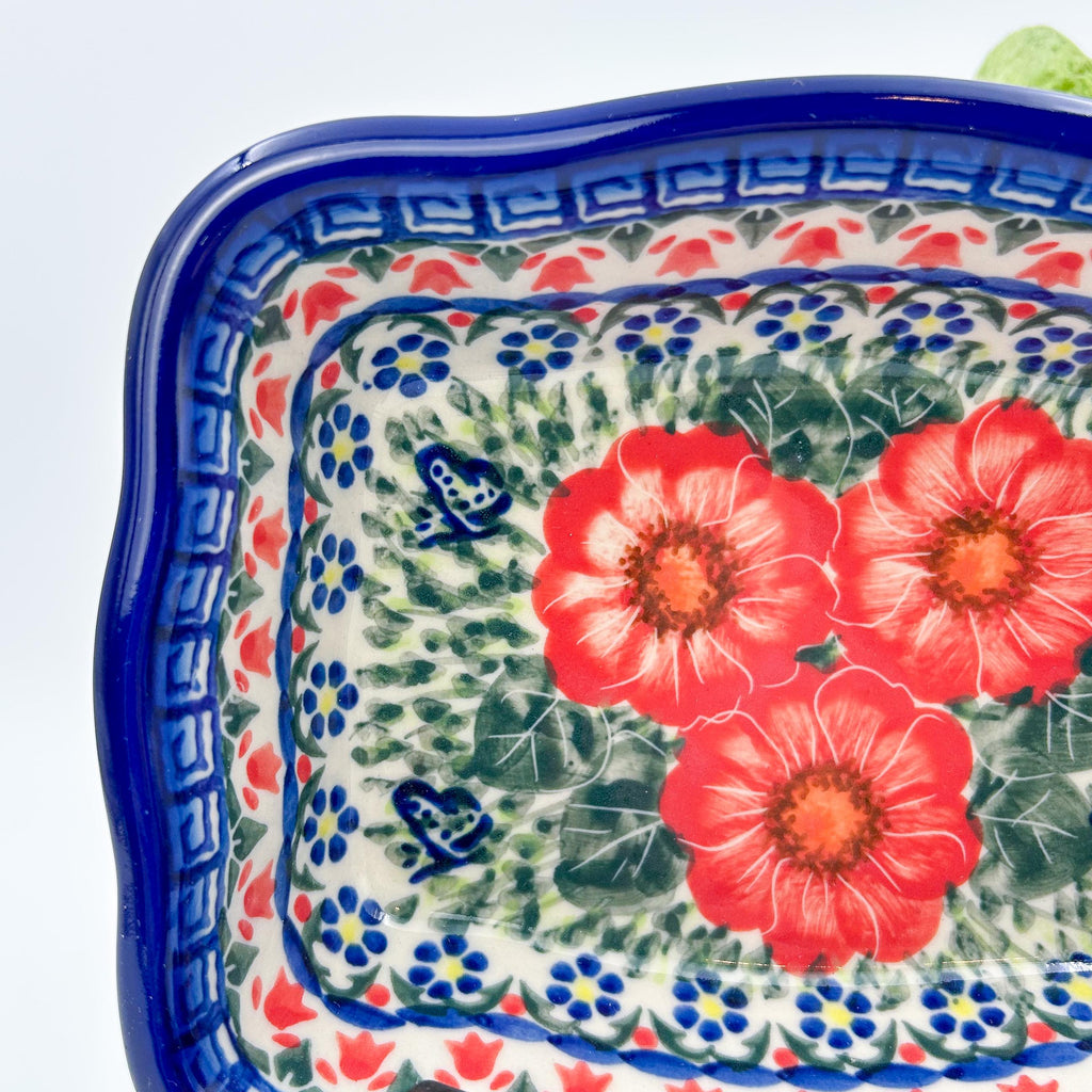 rectangular 8” baker with red poppy flowers is made by talented artisans