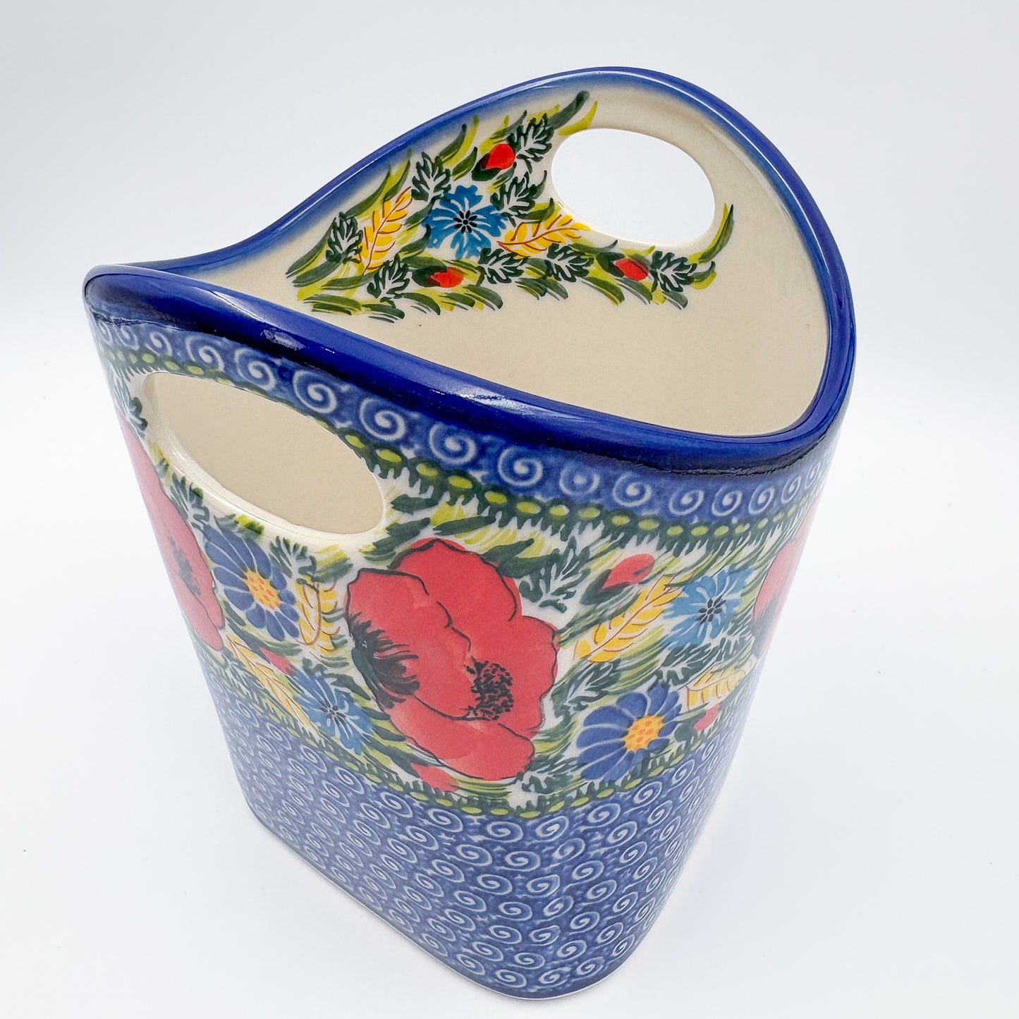 Basket Container & Utensil Med.  Handmade Polish pottery.  UNIKAT Garden Poppy Design