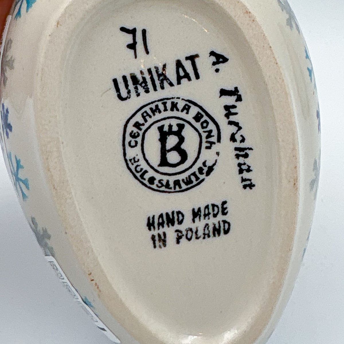 Spoon Rest 5”.  Handmade Polish pottery.  UNIKAT Winter Gnome Design