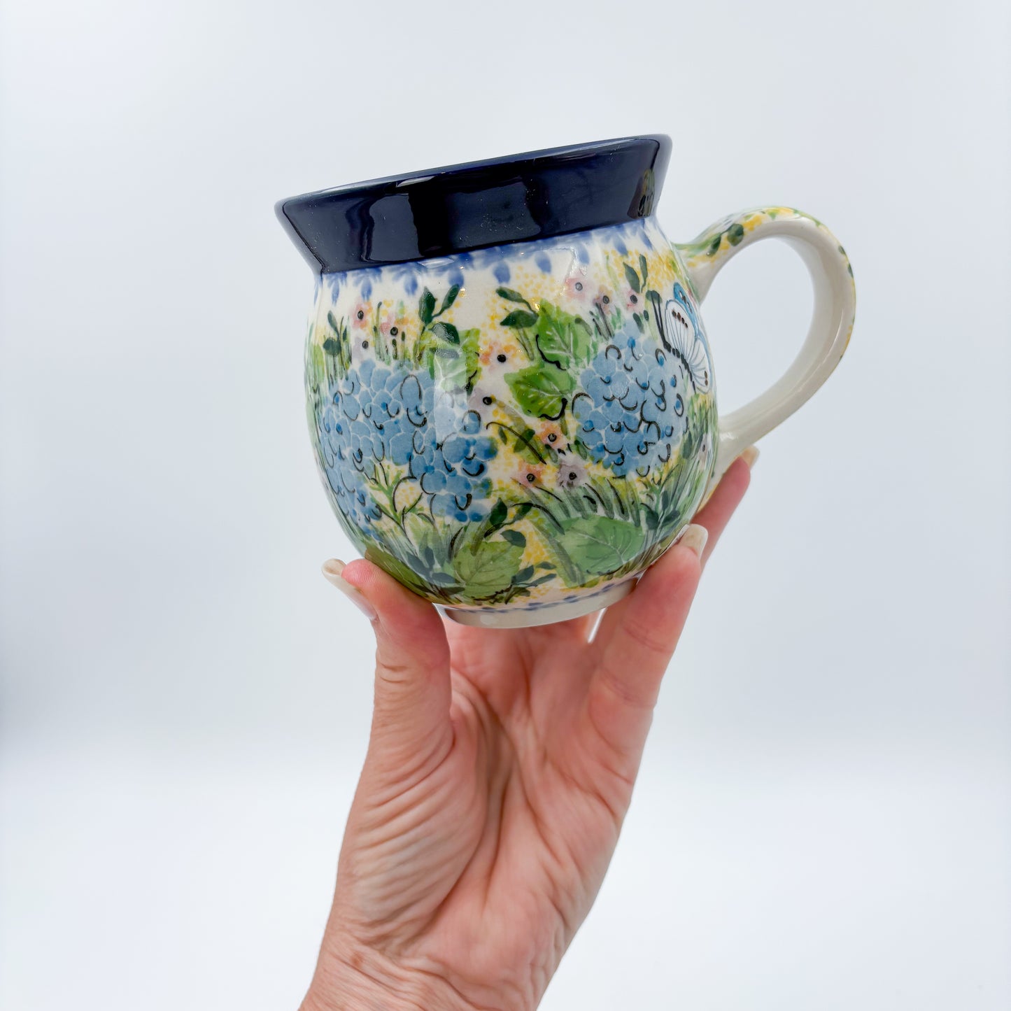 16 oz Bubble Mug. Handcrafted Polish pottery stoneware: UNIKAT Blue Hydrangea Design