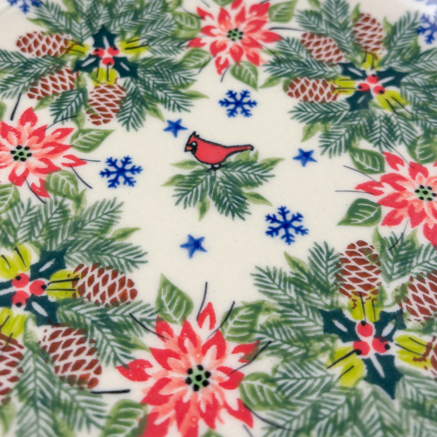 7.5” Plate.  Hand crafted Polish pottery stoneware: UNIKAT Christmas Cardinal