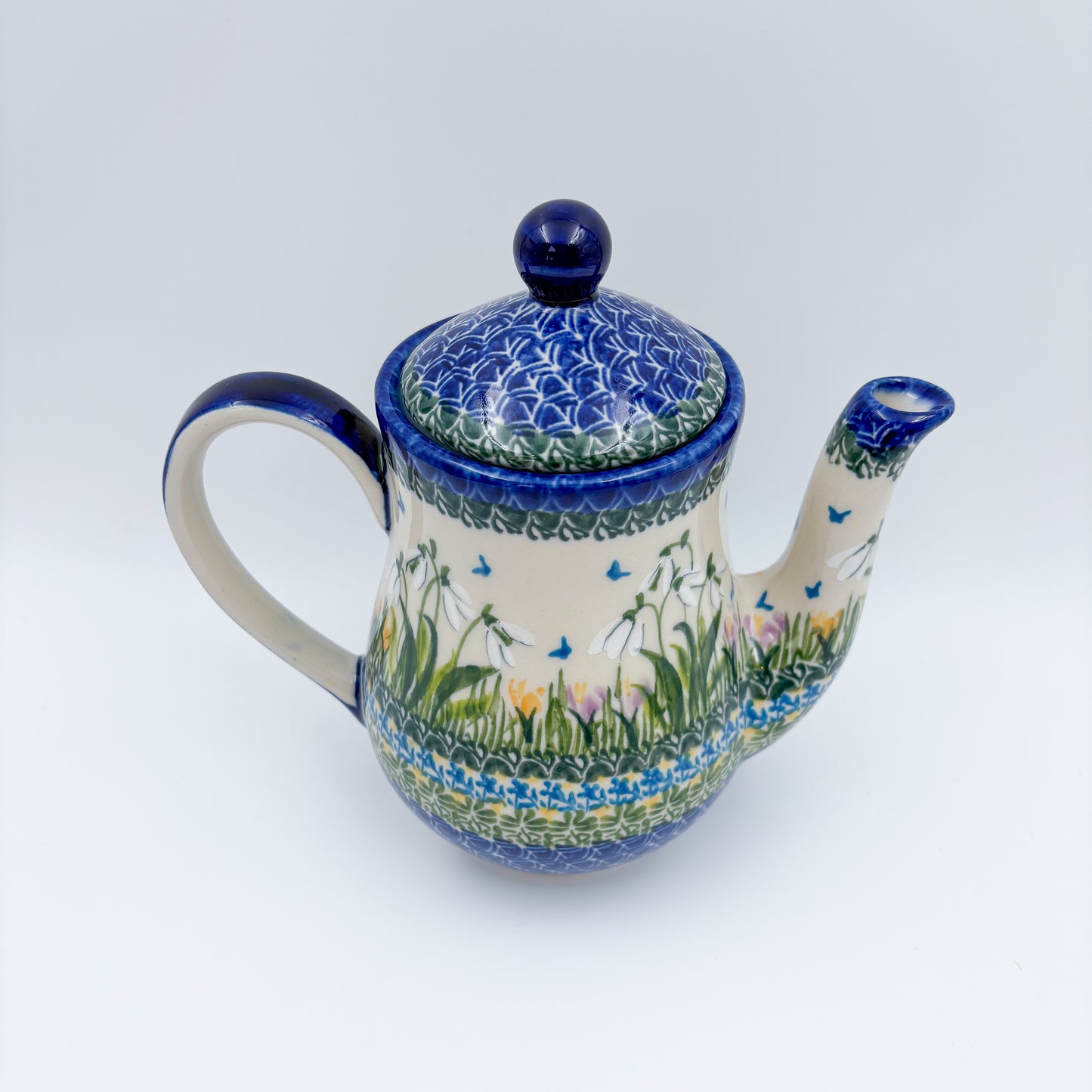 23 oz Teapot Florencja Handcrafted Potery in Poland.  Snowdrop Garden
