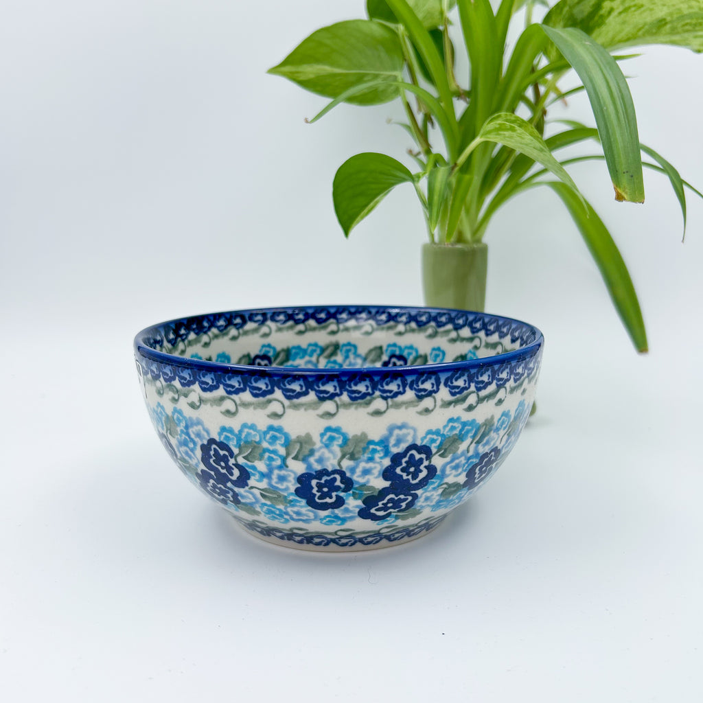 6” Deep Bowl.  Hand crafted Polish pottery stoneware: UNIKAT Blue KISS Blooms Design