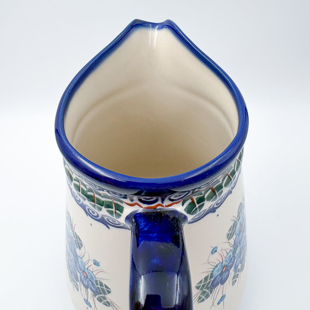 48 oz. Jacek Pitcher.  Hand painted Polish pottery stoneware UNIKAT Pansy Blues