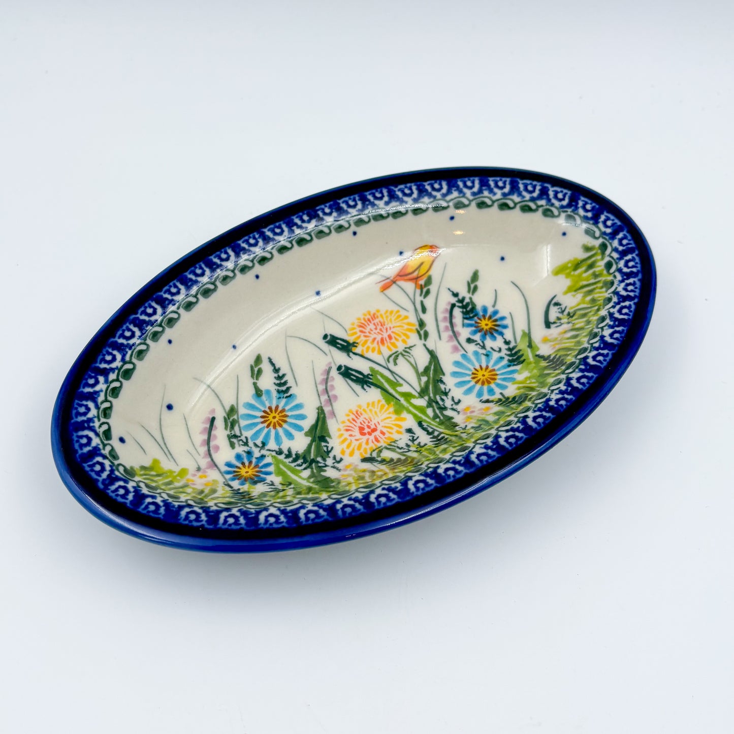 7" Oval Milano Platter  Hand crafted Polish pottery stoneware: UNIKAT Songbird Garden