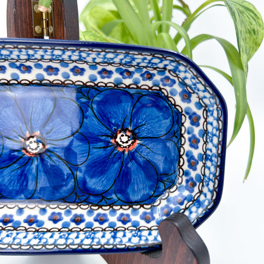 8"  Platter  Hand crafted Polish pottery stoneware: UNIKAT Cobalt Poppies Design.