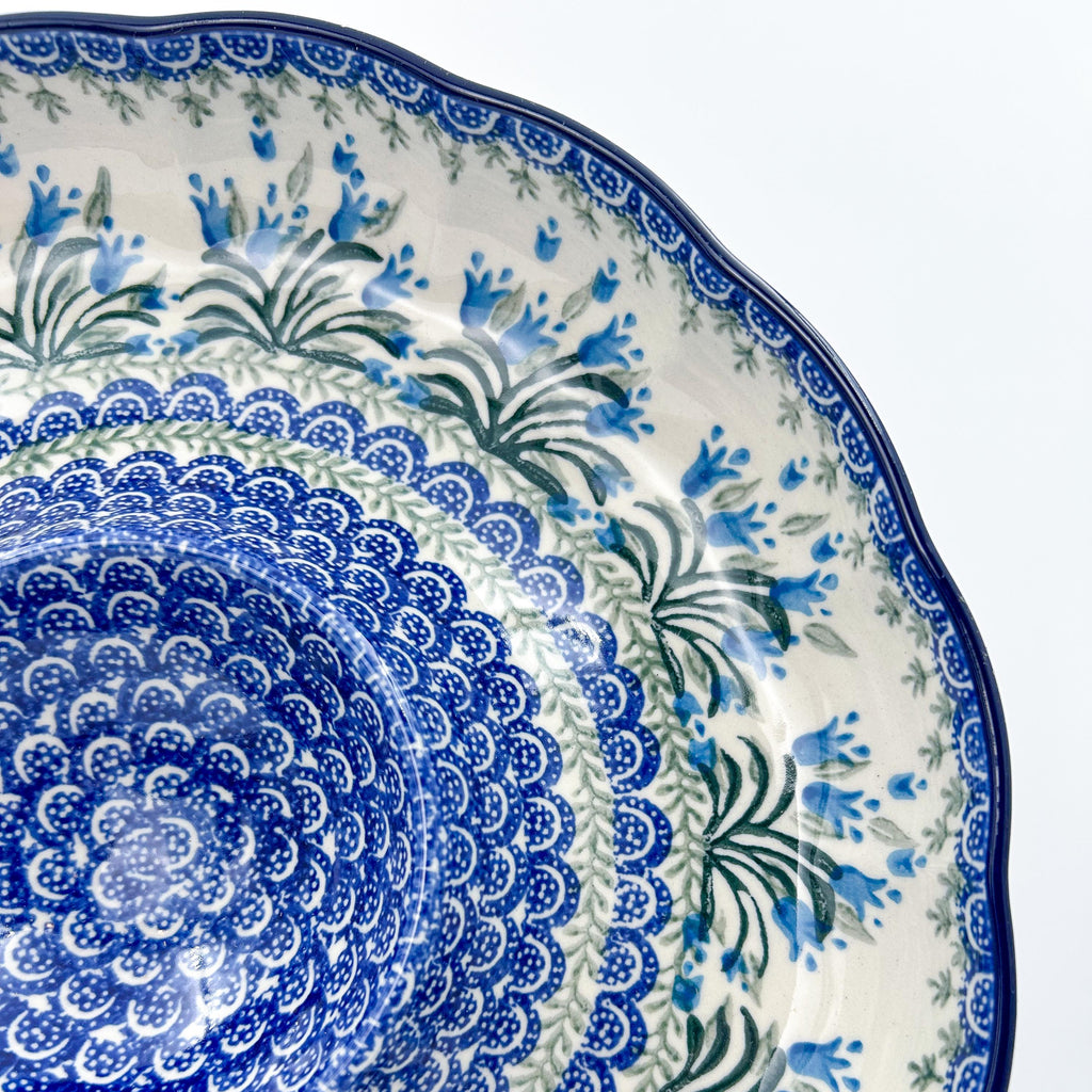 Chip and Dip Platter 12”. Hand crafted Polish pottery stoneware: UNIKAT Feathery Bluebells Design.