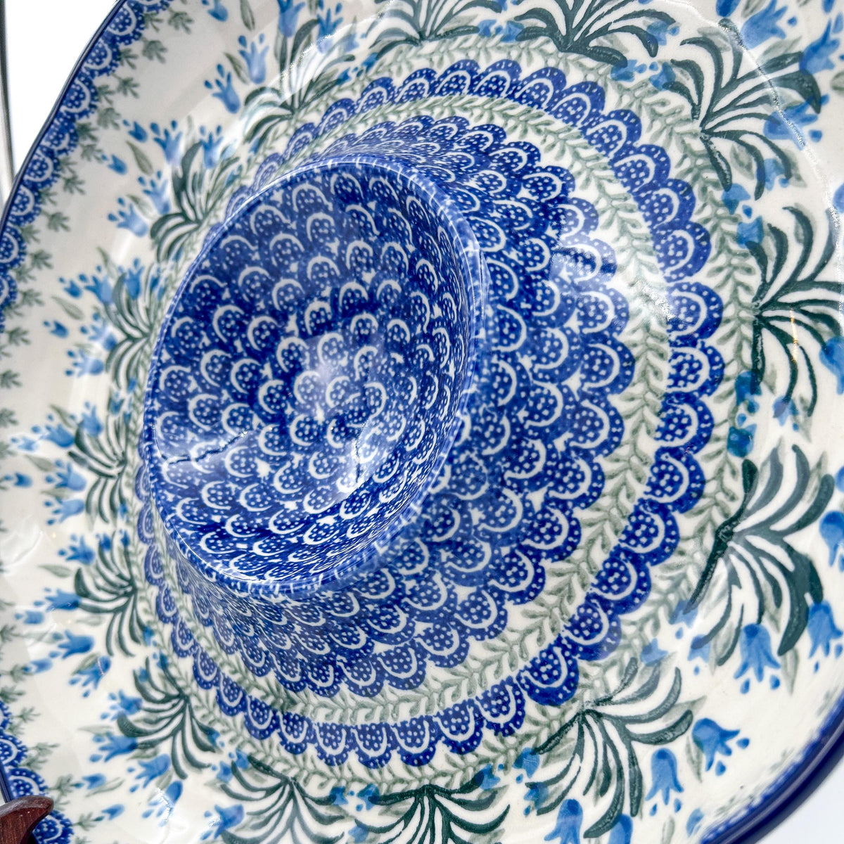 Chip and Dip Platter 12”. Hand crafted Polish pottery stoneware: UNIKAT Feathery Bluebells Design.