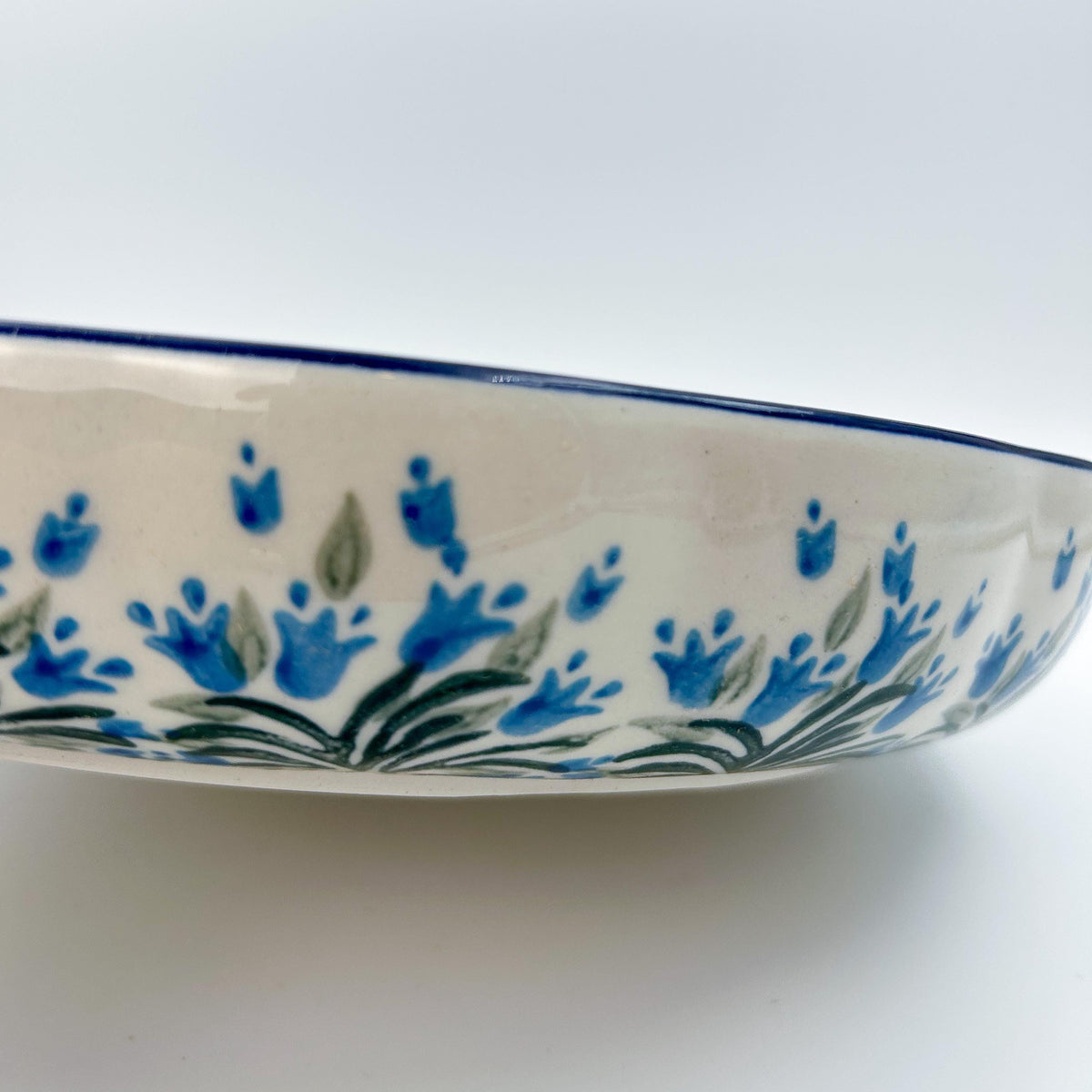 Chip and Dip Platter 12”. Hand crafted Polish pottery stoneware: UNIKAT Feathery Bluebells Design.