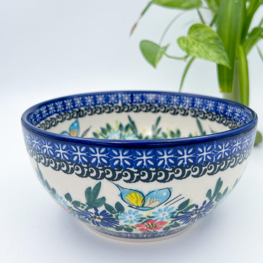 6.” Farm Bowl.  Hand crafted Polish pottery stoneware: UNIKAT Butterfly Flower Bed Design