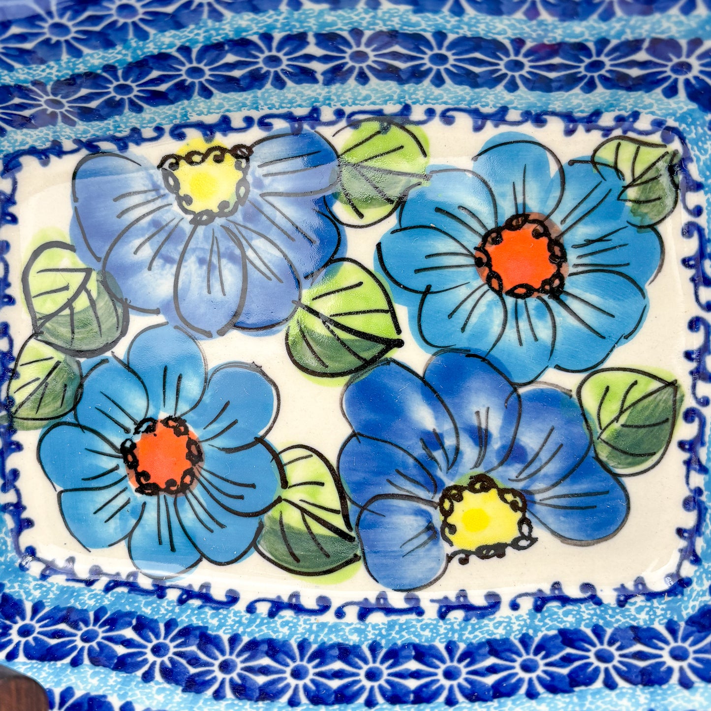 8” Baker Handmade in Poland.  UNIKAT Bold Blue Poppies Design