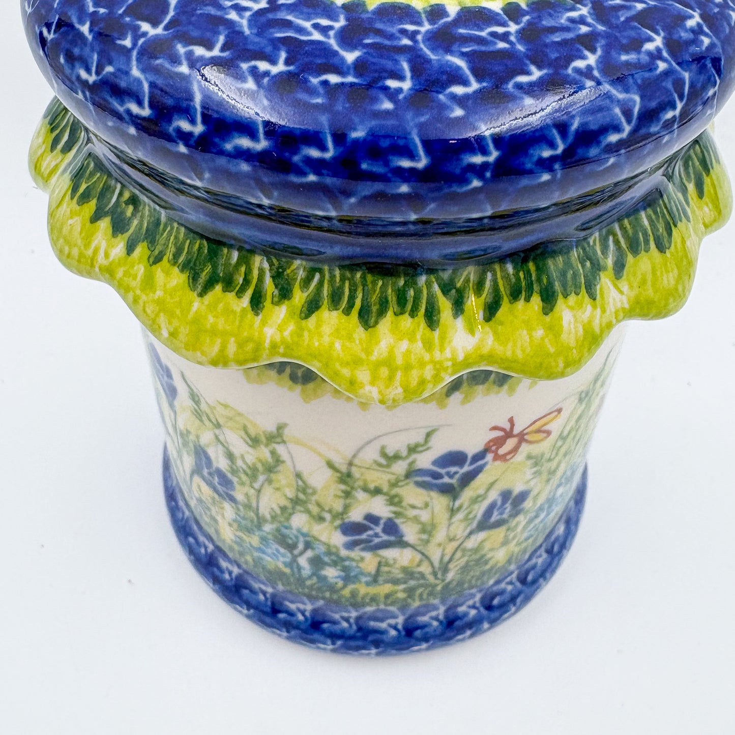 5" Container with Ruffled Lid Small.  Handmade Polish pottery.  UNIKAT Bluebell Meadow Design