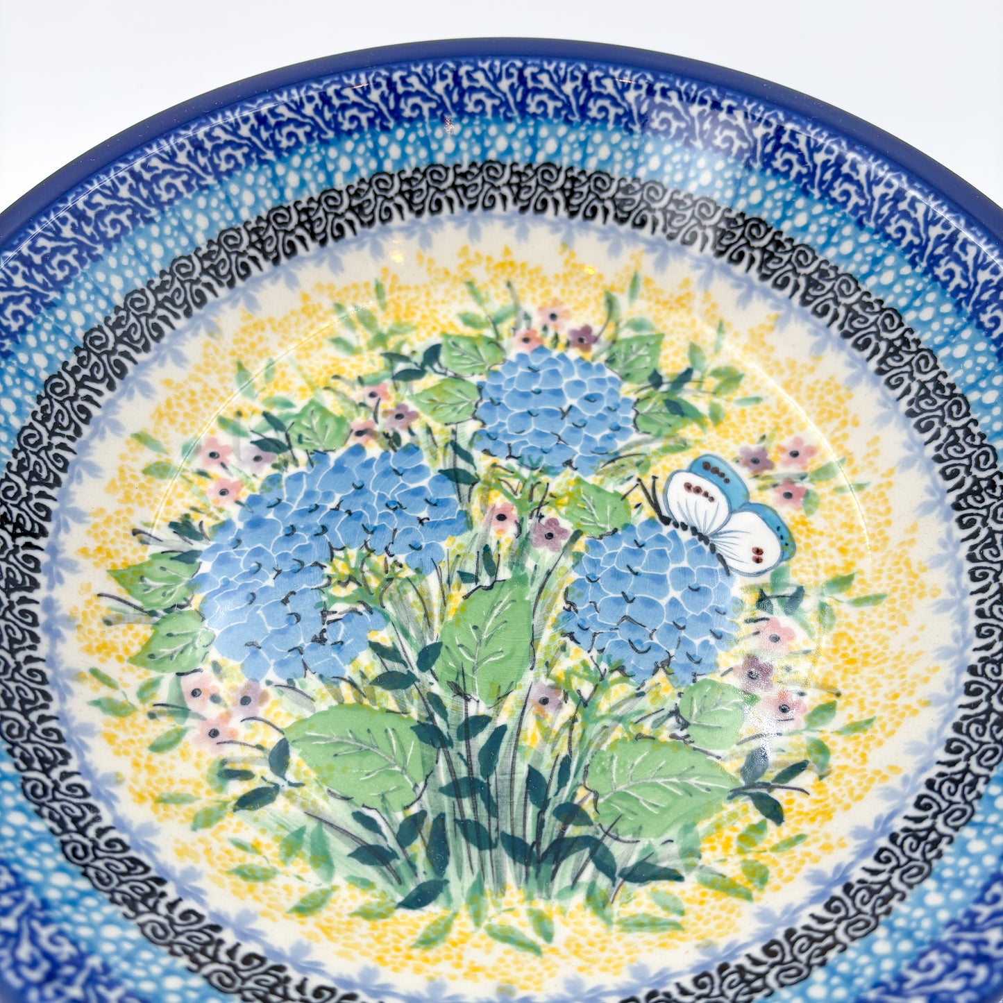8” Pasta  Bowl.  Hand crafted Polish pottery stoneware: UNIKAT Blue Hydrangea Design