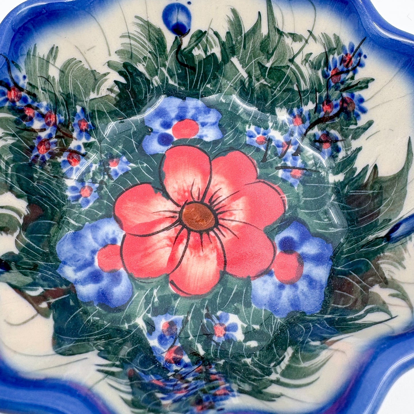 4” Small Babka Bowl.  Hand crafted Polish pottery stoneware:  UNIKAT Forget Me Not Pansy