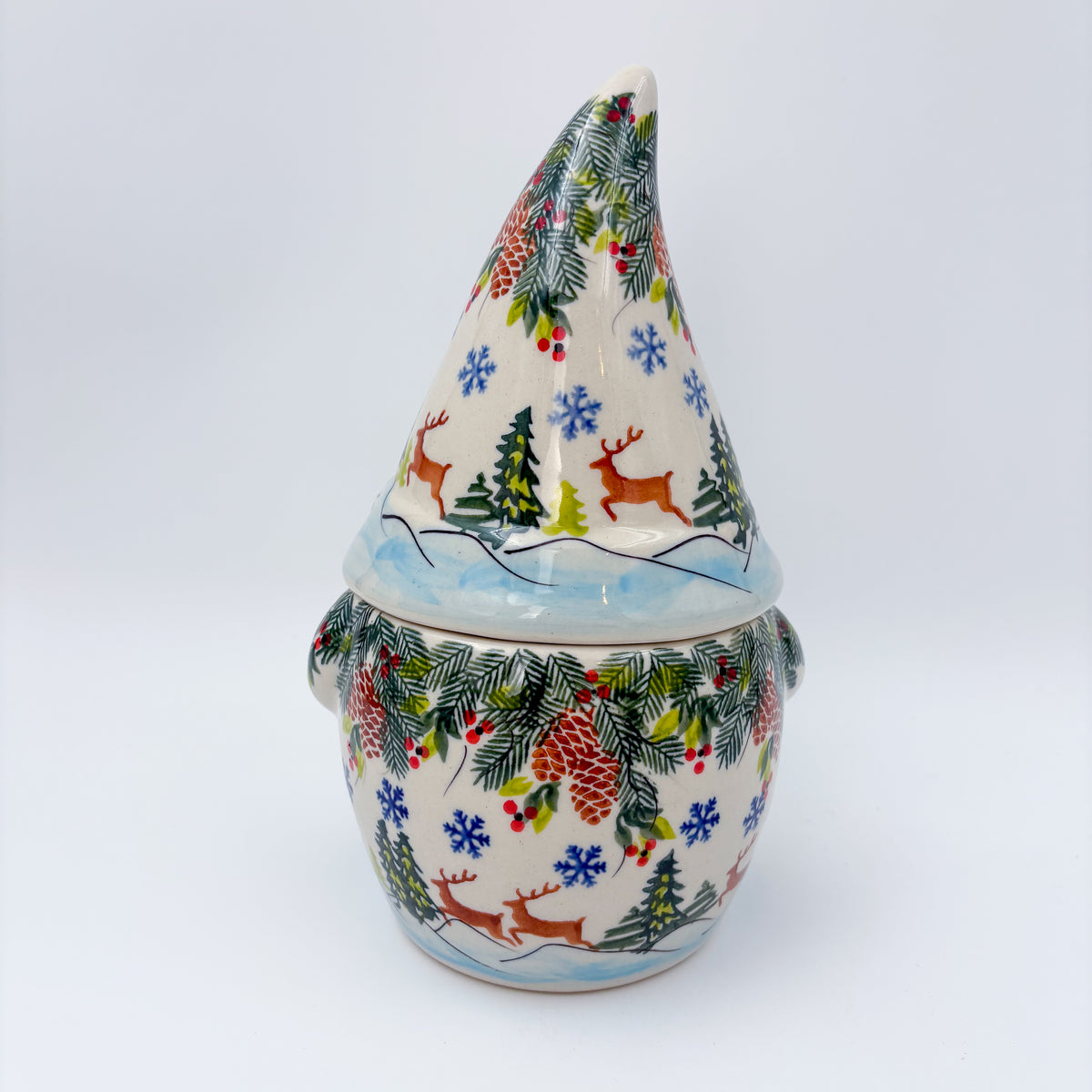 Small Gnome Cookie Jar. Handmade Polish pottery.  UNIKAT Reindeer Bliss