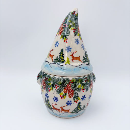 Small Gnome Cookie Jar. Handmade Polish pottery.  UNIKAT Reindeer Bliss