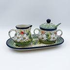 10" Cream and Sugar Set (with small spoon).  UNIKAT Hidden Pansy Design