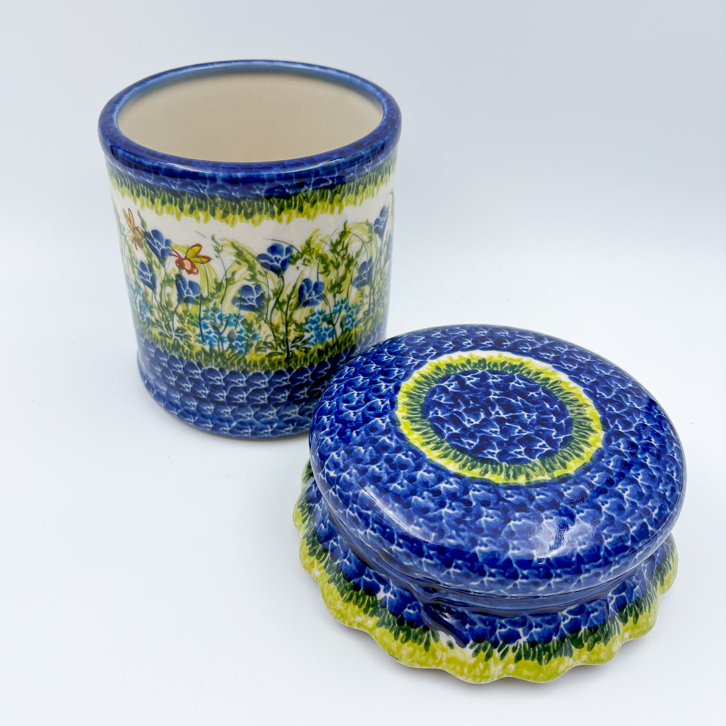 7" Container with Ruffled Lid Large.  Handmade Polish pottery.  UNIKAT Bluebell Meadow Design