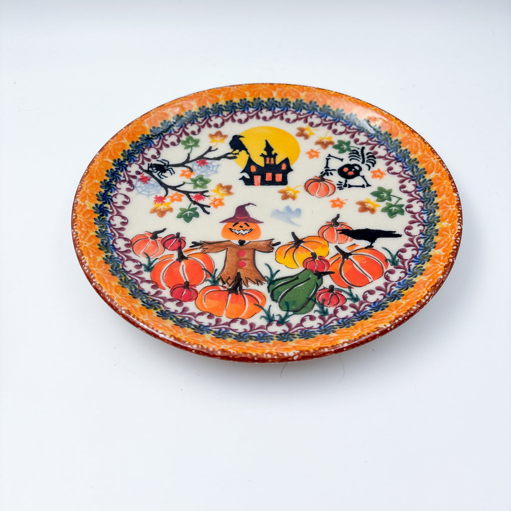 7.75” Plate.  Hand crafted Polish pottery stoneware: UNIKAT Halloween Scarecrow