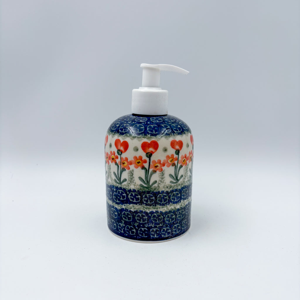 Soap Dispenser 5”.  Handmade Polish pottery.  Peach Spring Daisy Design