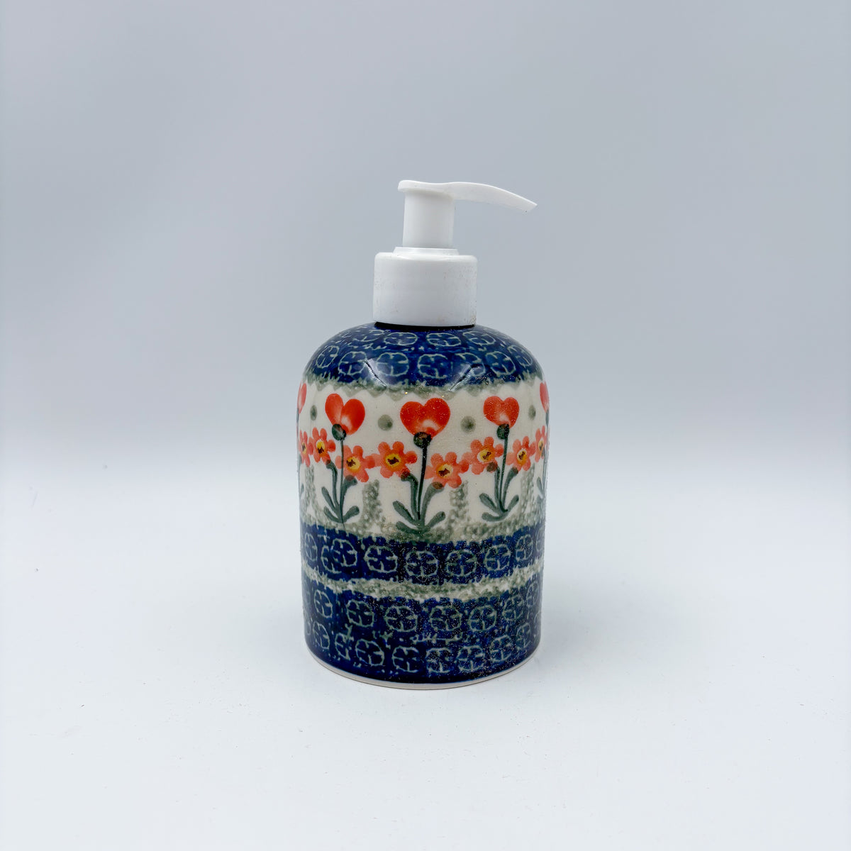 Soap Dispenser 5”.  Handmade Polish pottery.  Peach Spring Daisy Design