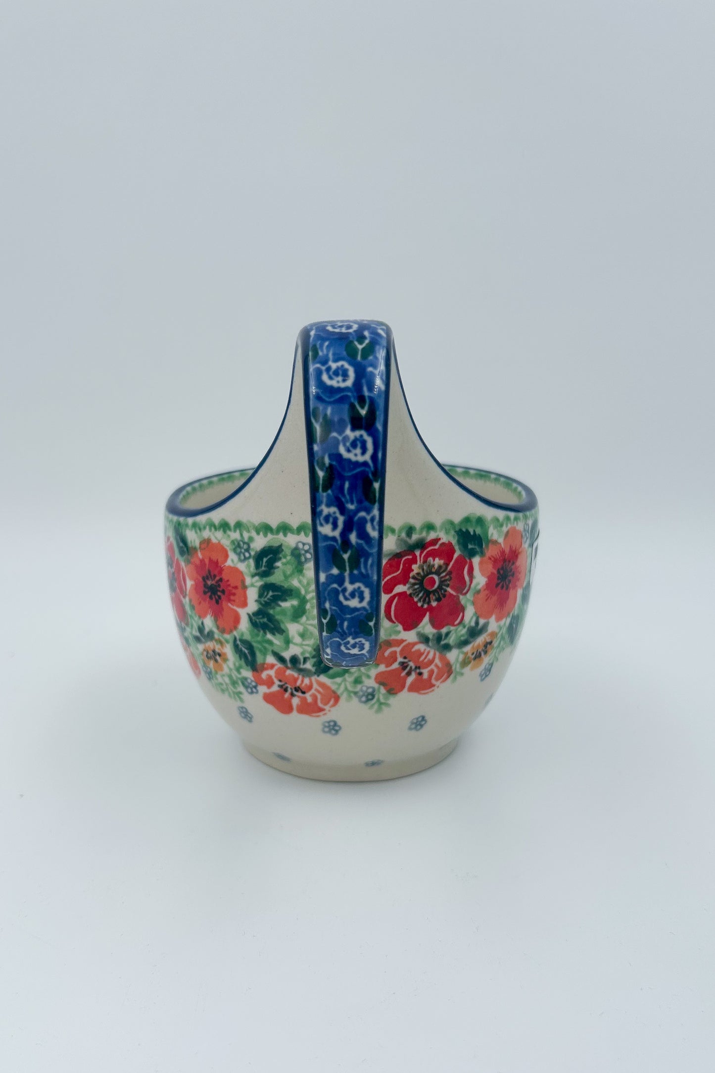 16 oz Bowl with Loop-Handle.  Hand crafted Polish pottery stoneware: UNIKAT Candy Red Poppy