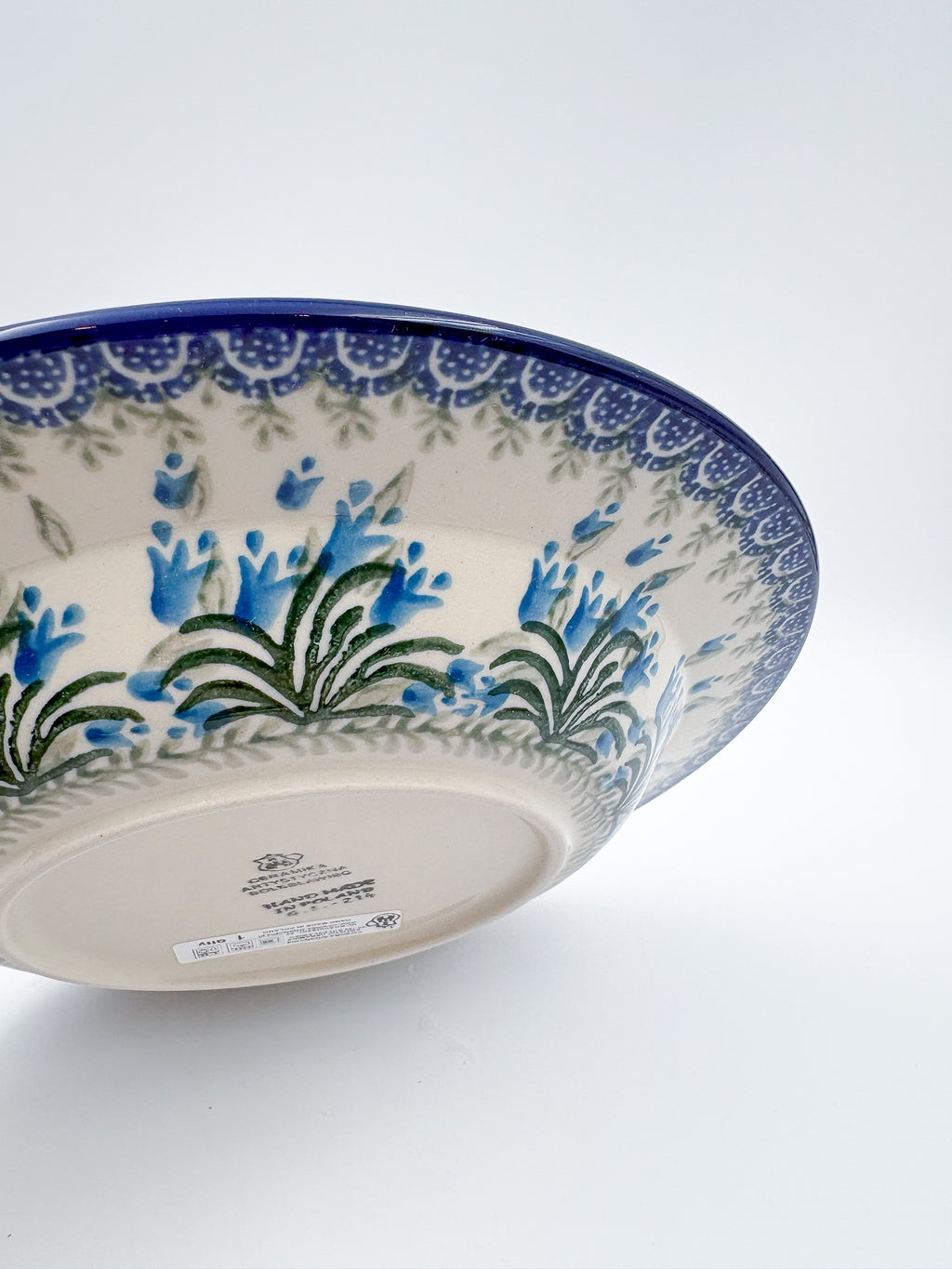 9”  Pasta Bowl.  Hand crafted Polish pottery stoneware: UNIKAT Feathery Bluebells Design