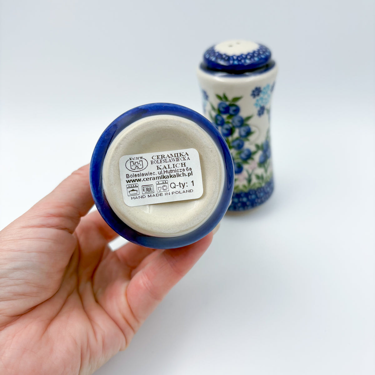5” Salt and Pepper Shakers.  Handmade Polish pottery.  UNIKAT Blueberry Bliss Design
