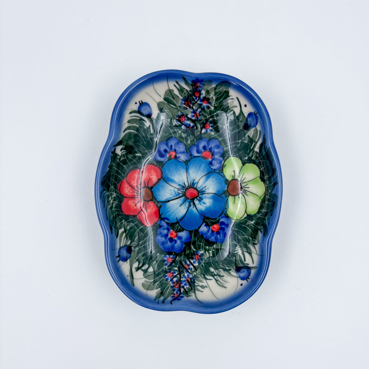 5" Soap Dish.  Handmade Polish pottery.  UIKAT Forget Me Not Design