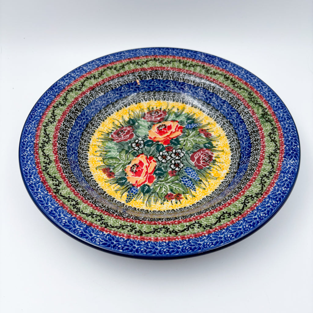 9”  Pasta Bowl.  Hand crafted Polish pottery stoneware: UNIKAT Copper Rose Meadow Design