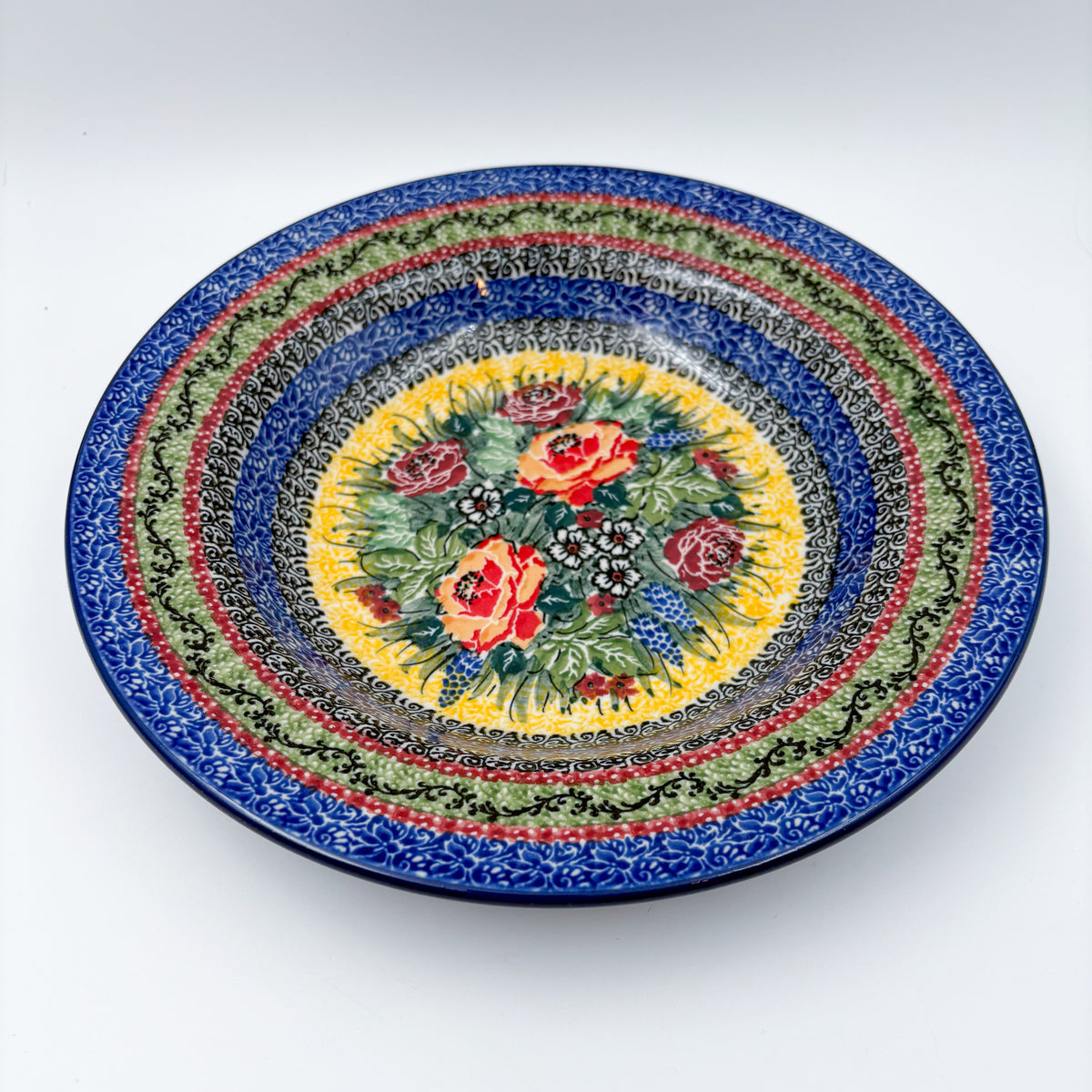 9”  Pasta Bowl.  Hand crafted Polish pottery stoneware: UNIKAT Copper Rose Meadow Design