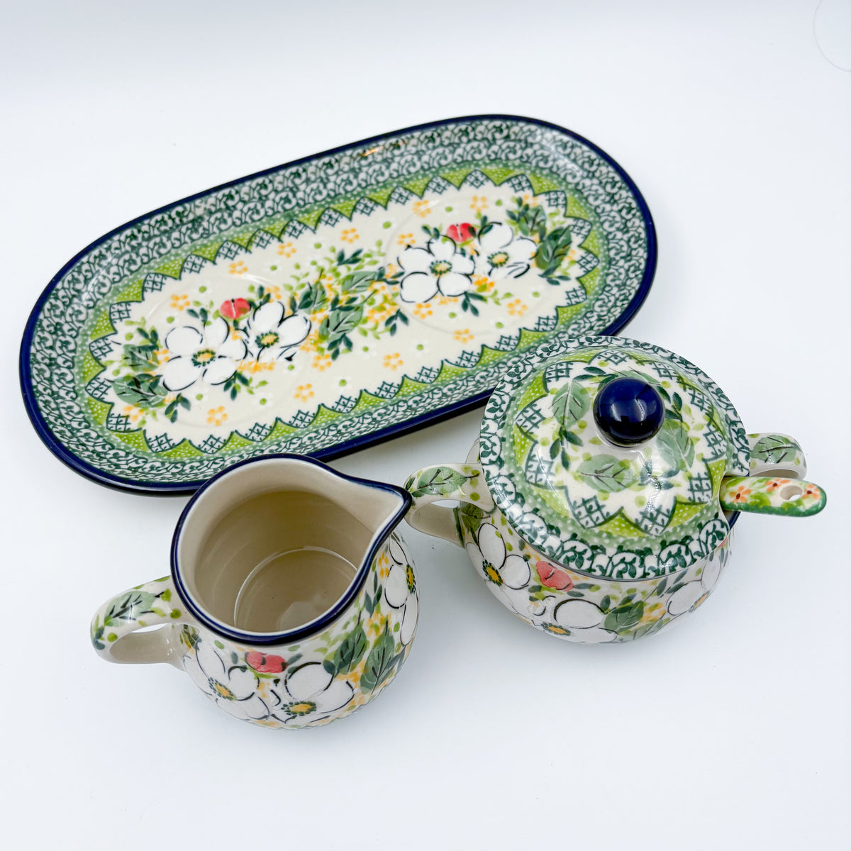 10" Cream and Sugar Set (with small spoon).  UNIKAT Hidden Pansy Design